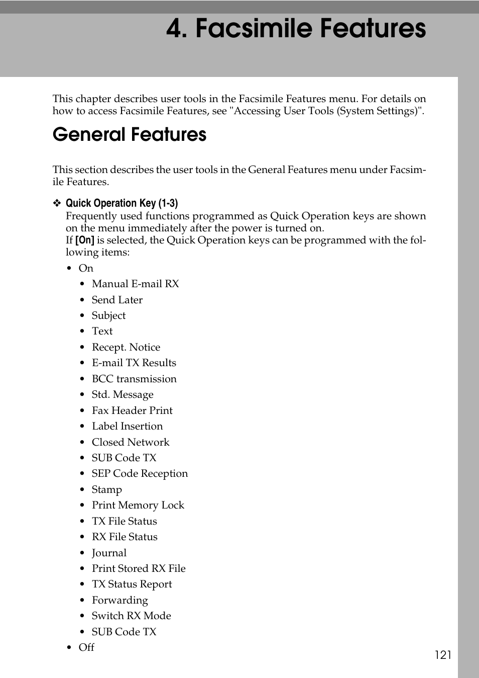  facsimile features, General features, Facsimile features | P.121 “facsimile features | Ricoh LD435c User Manual | Page 129 / 325