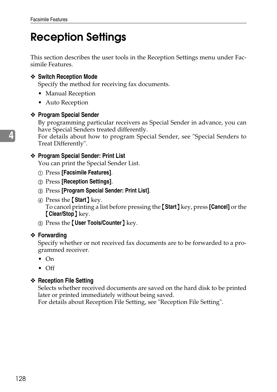 Reception settings, 4reception settings | Ricoh LD435c User Manual | Page 136 / 325