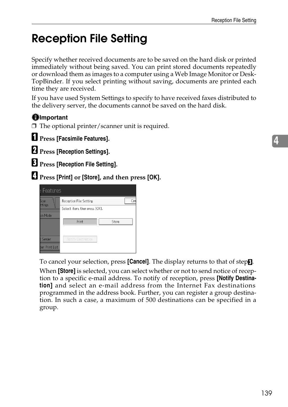 Reception file setting, P.139 “reception file setting, 4reception file setting | Ricoh LD435c User Manual | Page 147 / 325