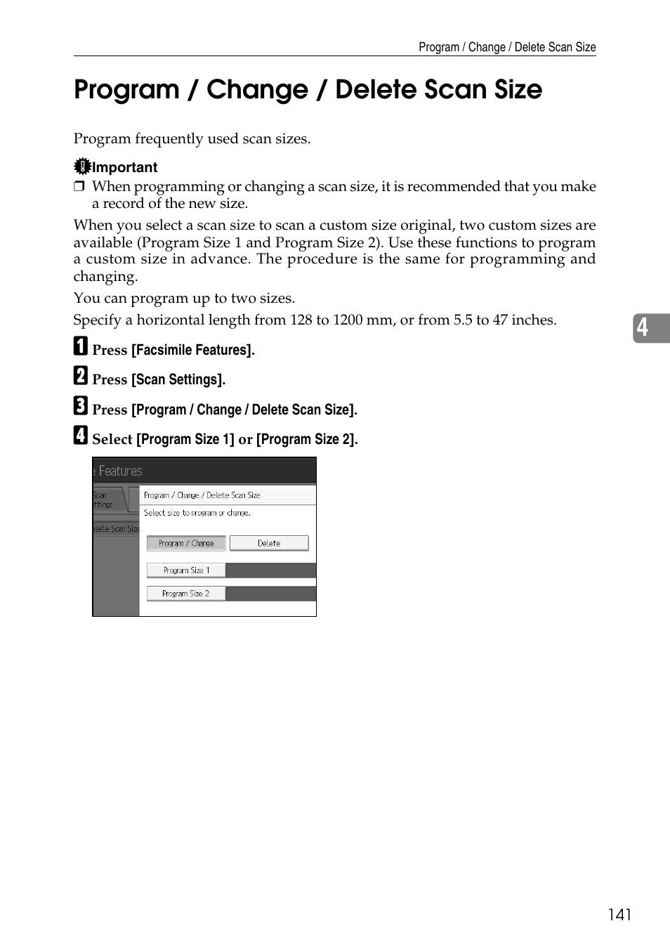 Program / change / delete scan size, 4program / change / delete scan size | Ricoh LD435c User Manual | Page 149 / 325