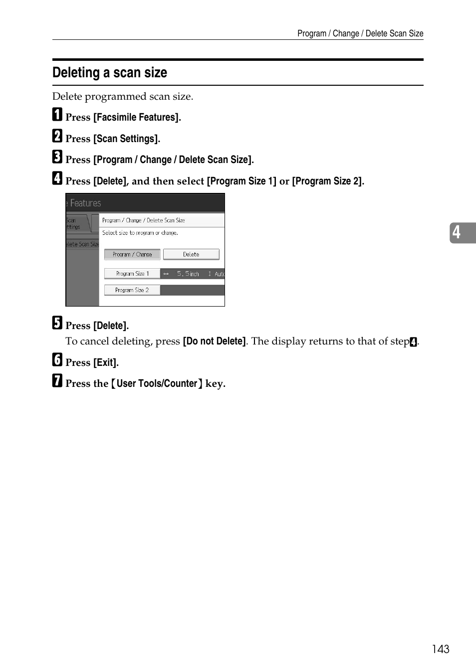 Deleting a scan size | Ricoh LD435c User Manual | Page 151 / 325
