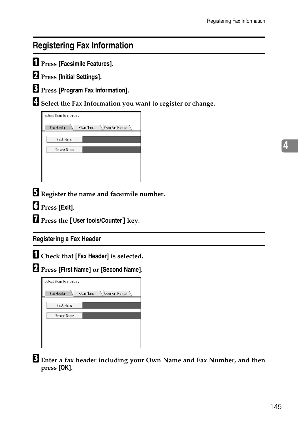 Registering fax information, Registering a fax header | Ricoh LD435c User Manual | Page 153 / 325