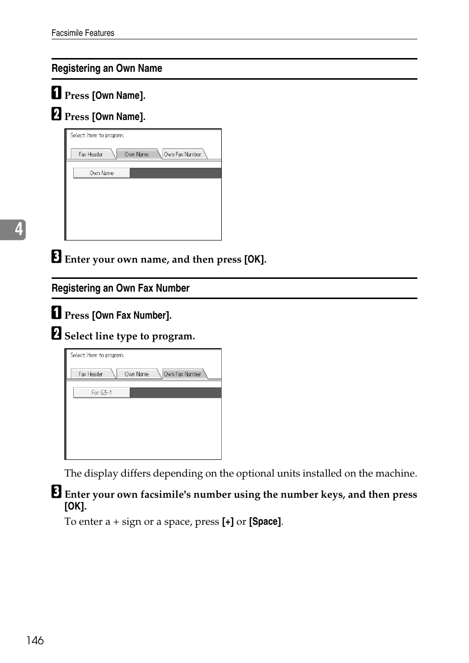 Registering an own name, Registering an own fax number | Ricoh LD435c User Manual | Page 154 / 325