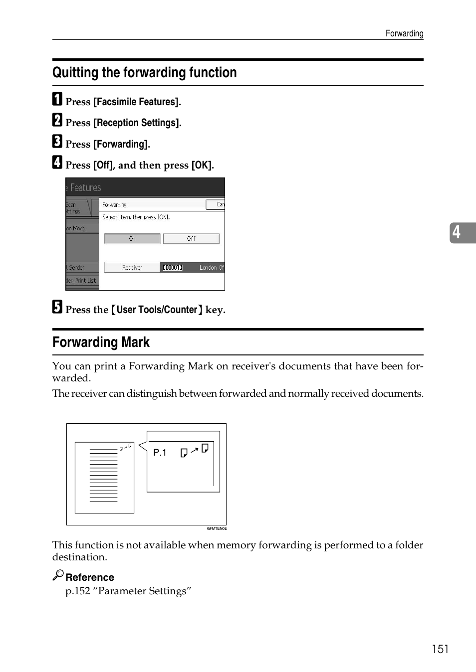 Quitting the forwarding function, Forwarding mark, Quitting the forwarding function forwarding mark | Ricoh LD435c User Manual | Page 159 / 325