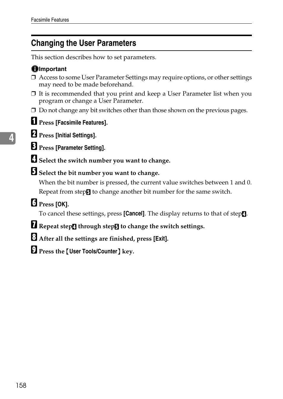 Changing the user parameters | Ricoh LD435c User Manual | Page 166 / 325