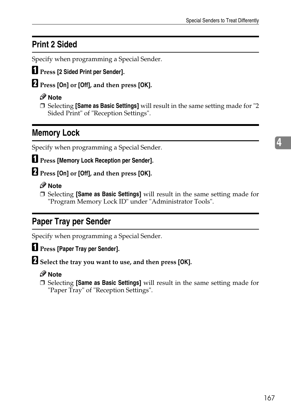Print 2 sided, Memory lock, Paper tray per sender | Print 2 sided memory lock paper tray per sender | Ricoh LD435c User Manual | Page 175 / 325