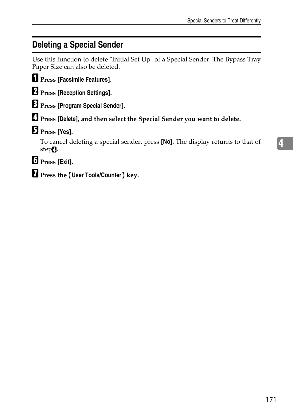 Deleting a special sender | Ricoh LD435c User Manual | Page 179 / 325