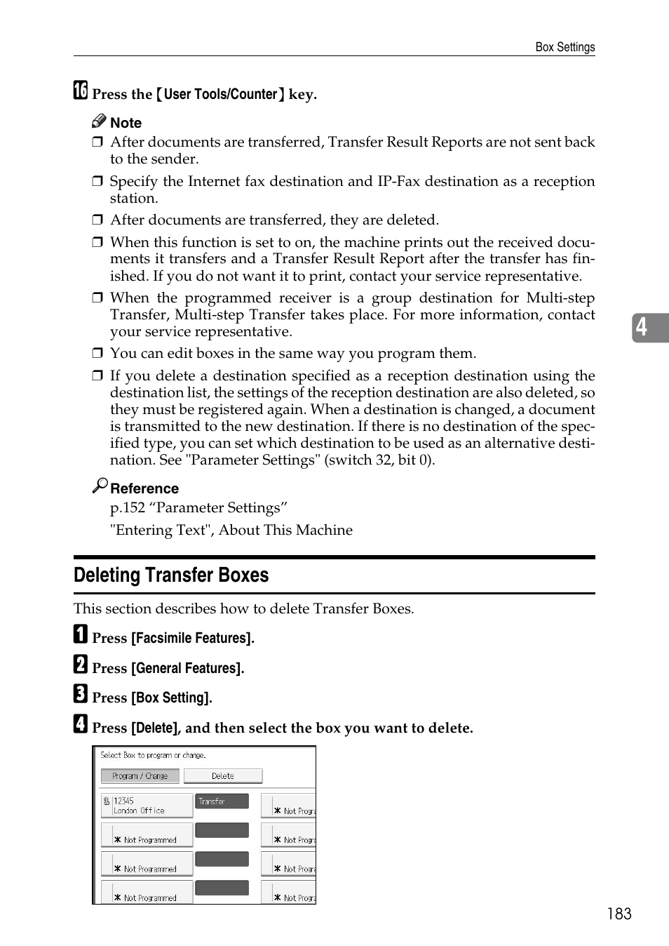 Deleting transfer boxes | Ricoh LD435c User Manual | Page 191 / 325