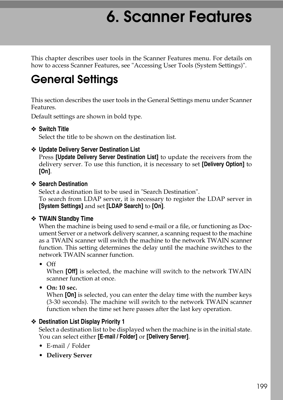  scanner features, General settings, Scanner features | P.199 “scanner features | Ricoh LD435c User Manual | Page 207 / 325