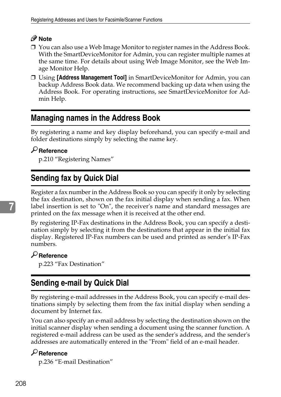 Managing names in the address book, Sending fax by quick dial, Sending e-mail by quick dial | Ricoh LD435c User Manual | Page 216 / 325