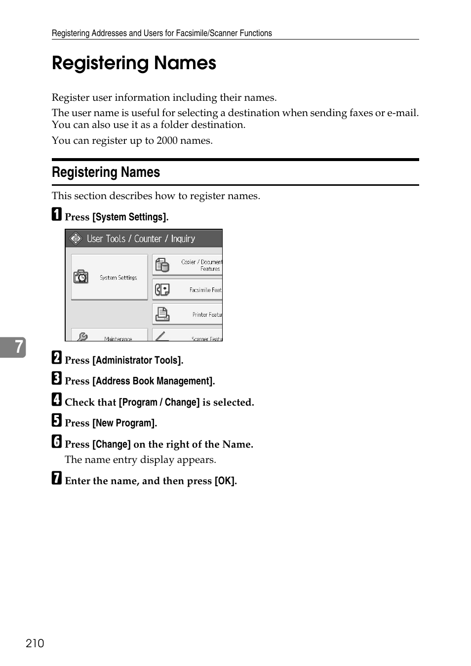 Registering names, 7registering names | Ricoh LD435c User Manual | Page 218 / 325