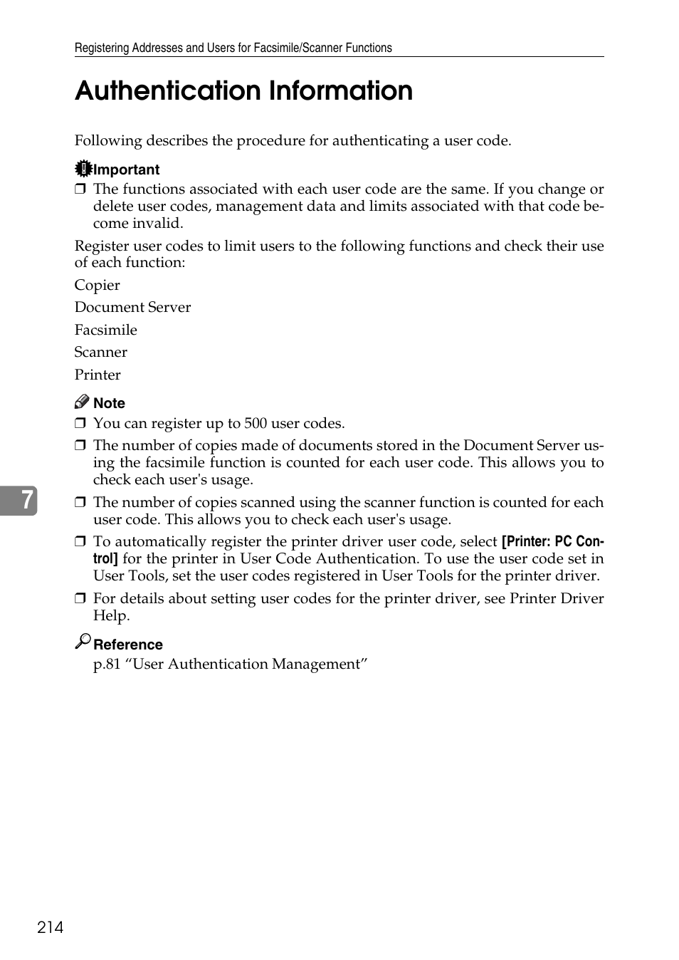 Authentication information, 7authentication information | Ricoh LD435c User Manual | Page 222 / 325