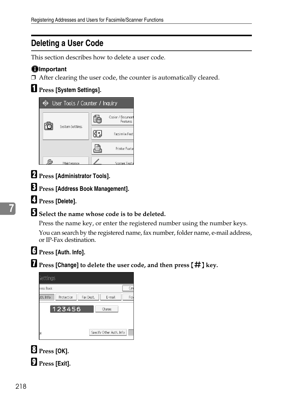 Deleting a user code | Ricoh LD435c User Manual | Page 226 / 325