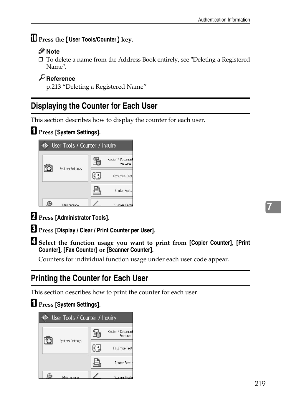 Displaying the counter for each user, Printing the counter for each user, P.219 “printing the counter for each user | Ricoh LD435c User Manual | Page 227 / 325