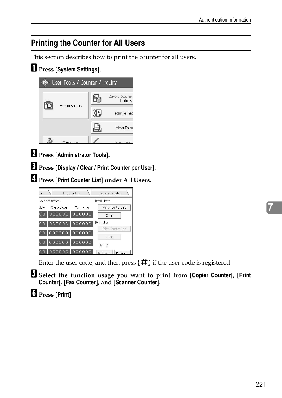 Printing the counter for all users | Ricoh LD435c User Manual | Page 229 / 325