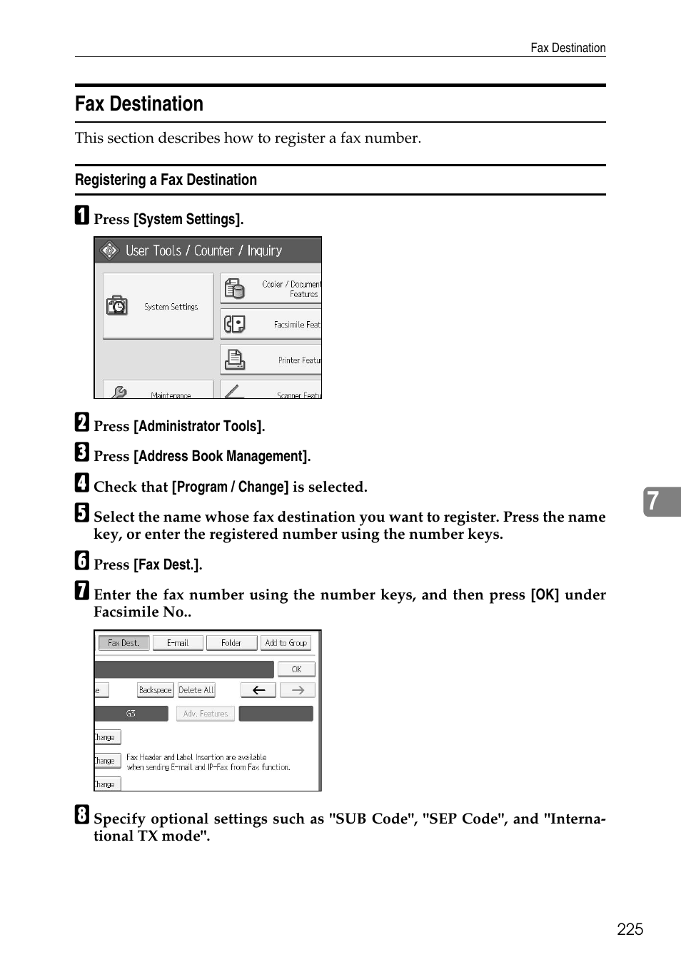 Fax destination, Registering a fax destination, P.225 “registering a fax destination | Ricoh LD435c User Manual | Page 233 / 325