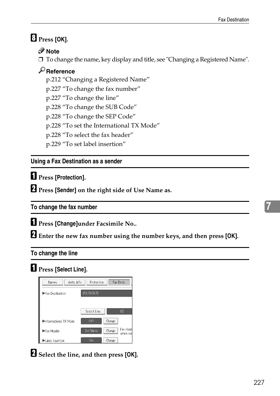 Using a fax destination as a sender, To change the fax number, To change the line | Ricoh LD435c User Manual | Page 235 / 325