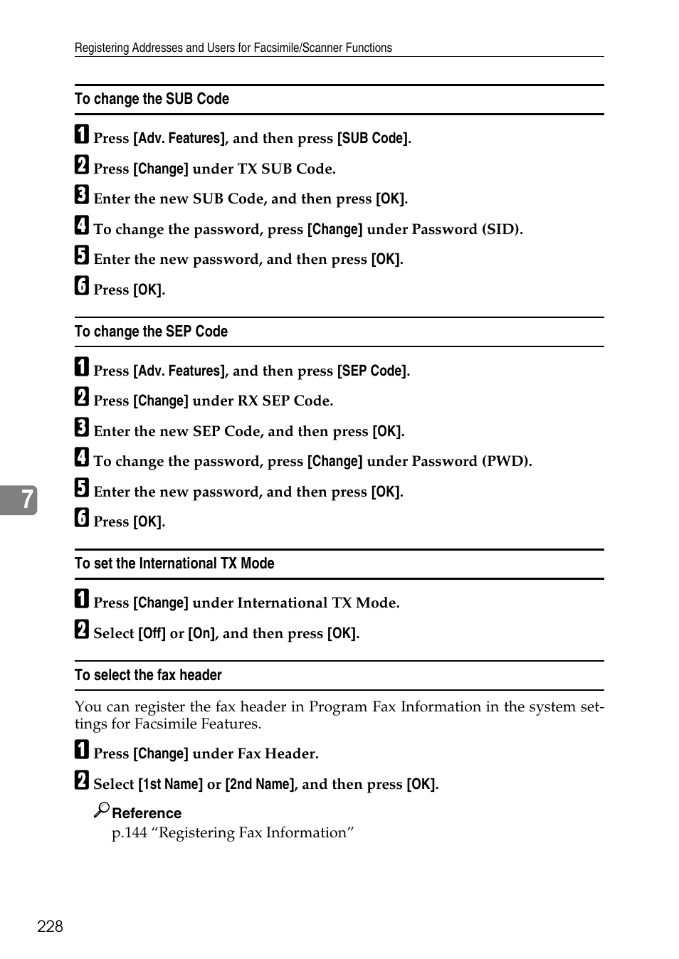 To change the sub code, To change the sep code, To set the international tx mode | To select the fax header | Ricoh LD435c User Manual | Page 236 / 325