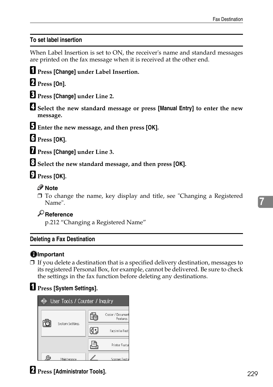 To set label insertion, Deleting a fax destination, P.229 “to set label insertion | Ricoh LD435c User Manual | Page 237 / 325