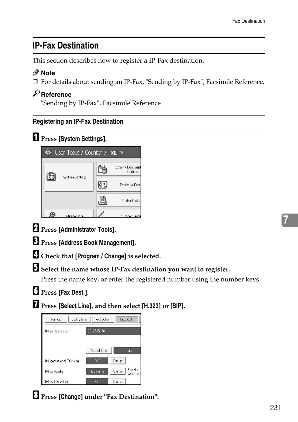 Ip-fax destination, Registering an ip-fax destination | Ricoh LD435c User Manual | Page 239 / 325