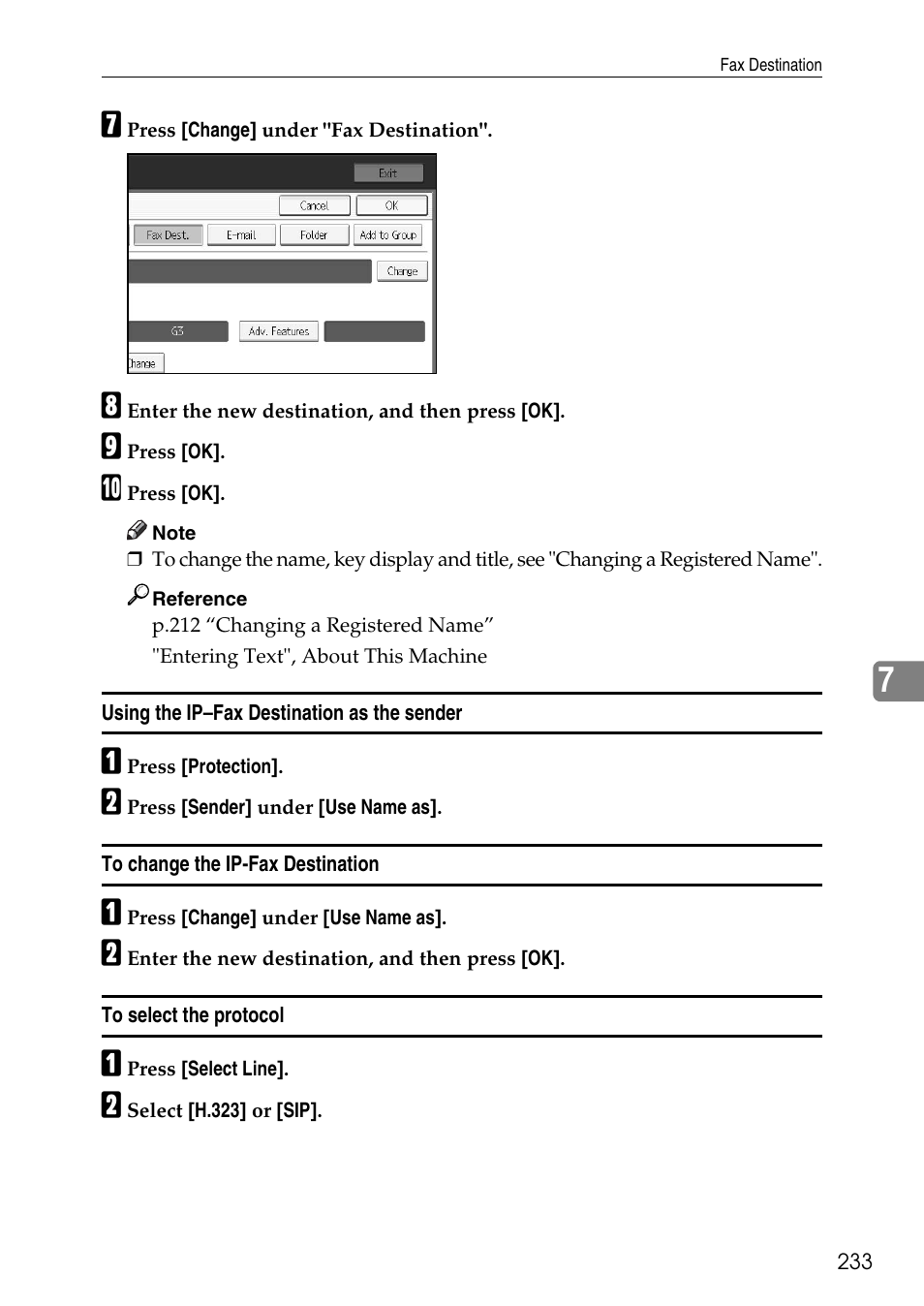 Using the ip–fax destination as the sender, To change the ip-fax destination, To select the protocol | Ricoh LD435c User Manual | Page 241 / 325