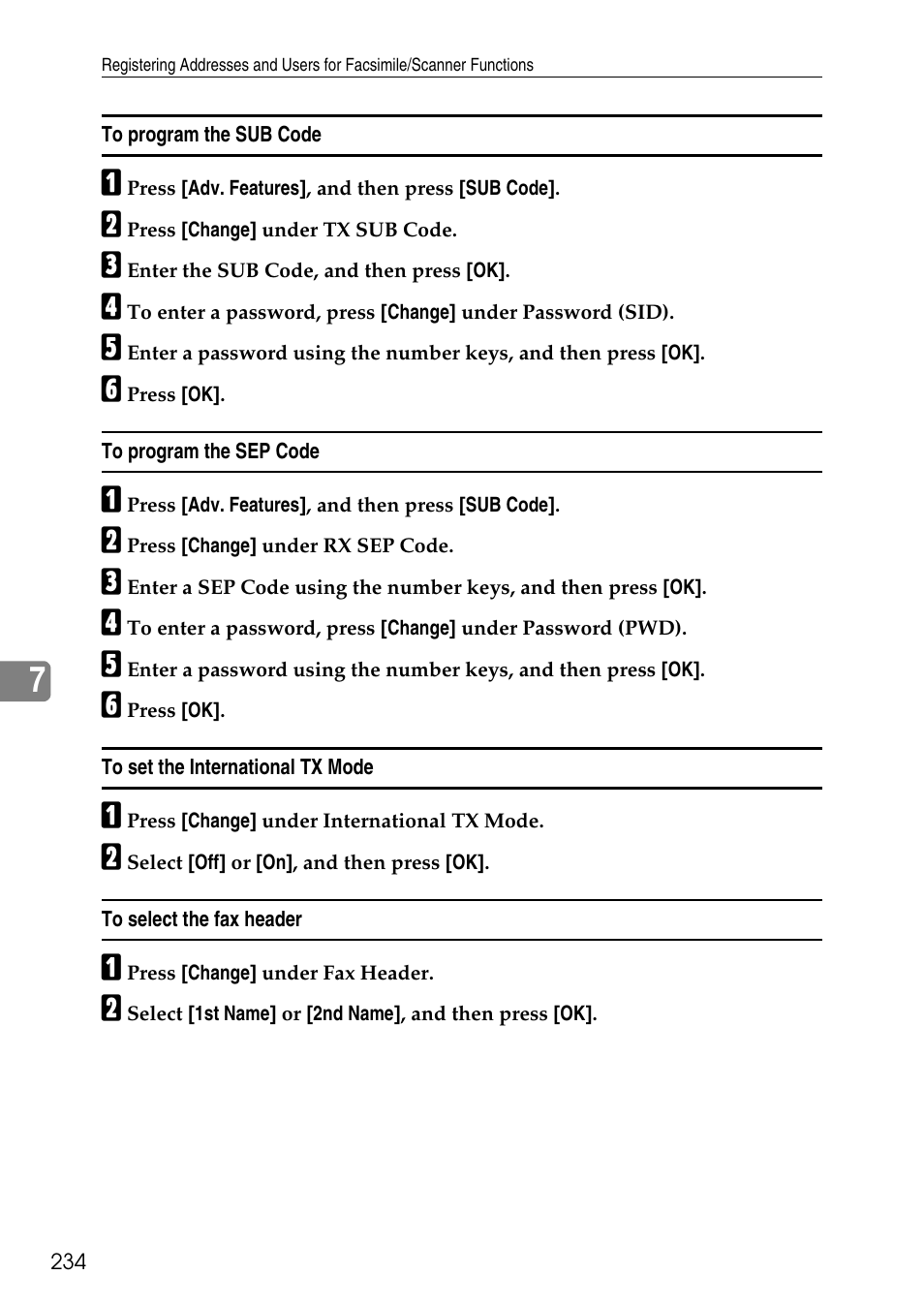 To program the sub code, To program the sep code, To set the international tx mode | To select the fax header | Ricoh LD435c User Manual | Page 242 / 325