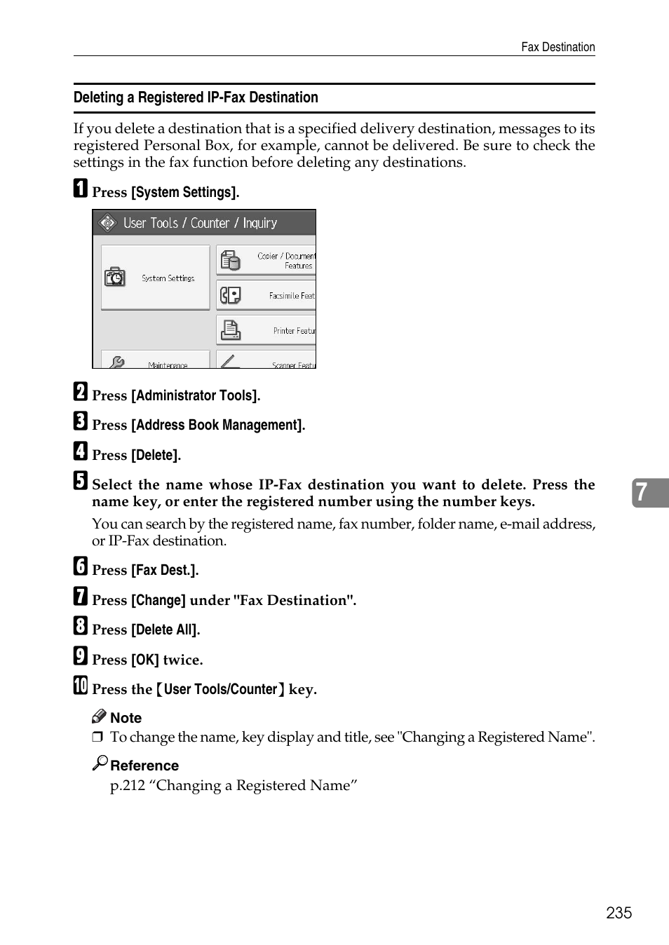 Deleting a registered ip-fax destination | Ricoh LD435c User Manual | Page 243 / 325