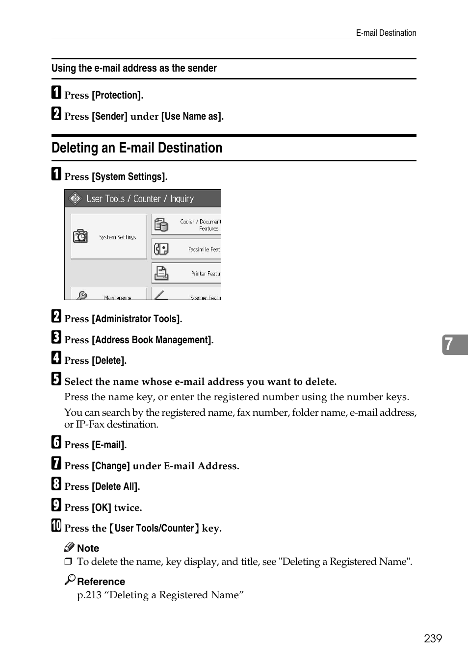 Using the e-mail address as the sender, Deleting an e-mail destination | Ricoh LD435c User Manual | Page 247 / 325