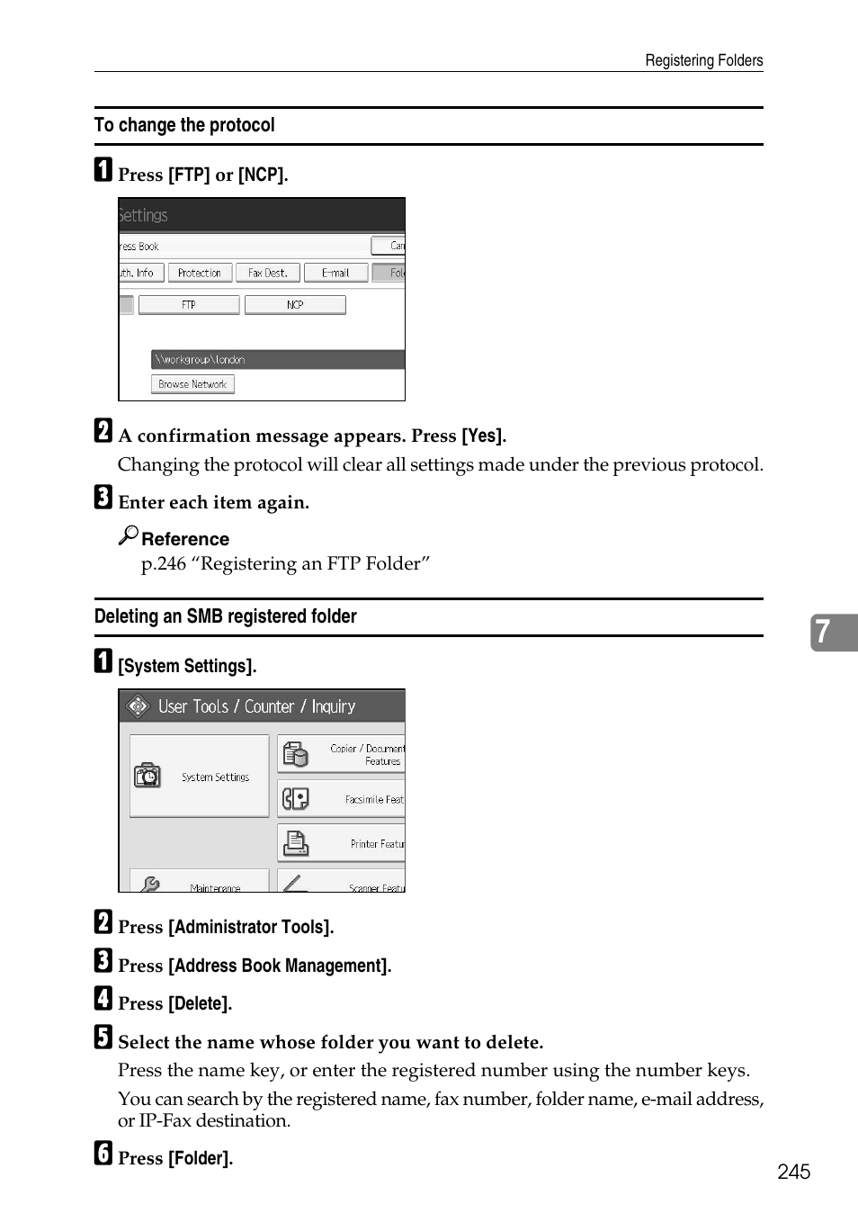 To change the protocol, Deleting an smb registered folder | Ricoh LD435c User Manual | Page 253 / 325