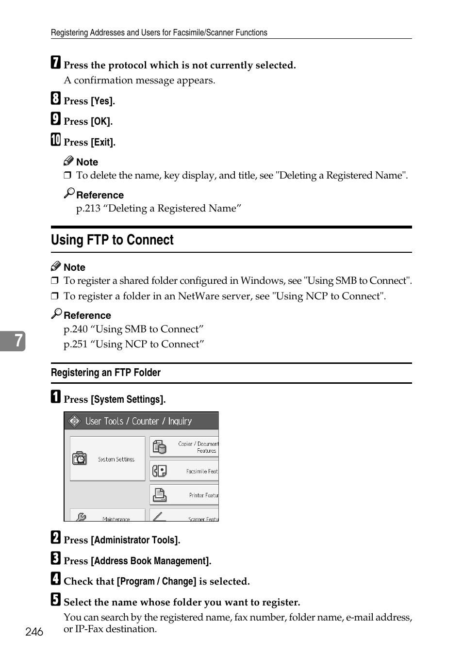 Using ftp to connect, Registering an ftp folder | Ricoh LD435c User Manual | Page 254 / 325