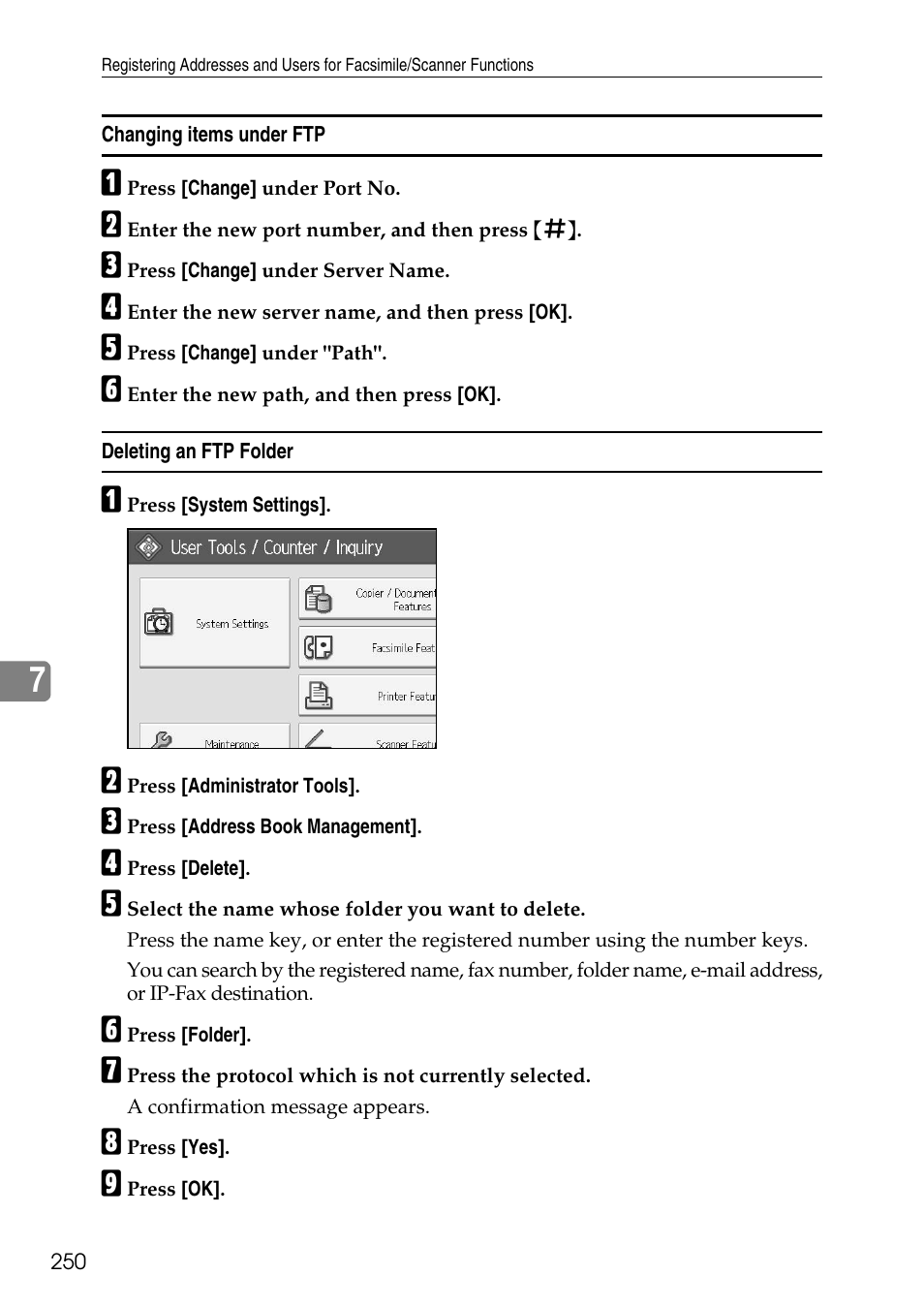 Changing items under ftp, Deleting an ftp folder | Ricoh LD435c User Manual | Page 258 / 325
