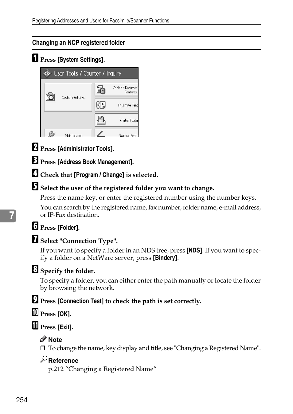 Changing an ncp registered folder | Ricoh LD435c User Manual | Page 262 / 325