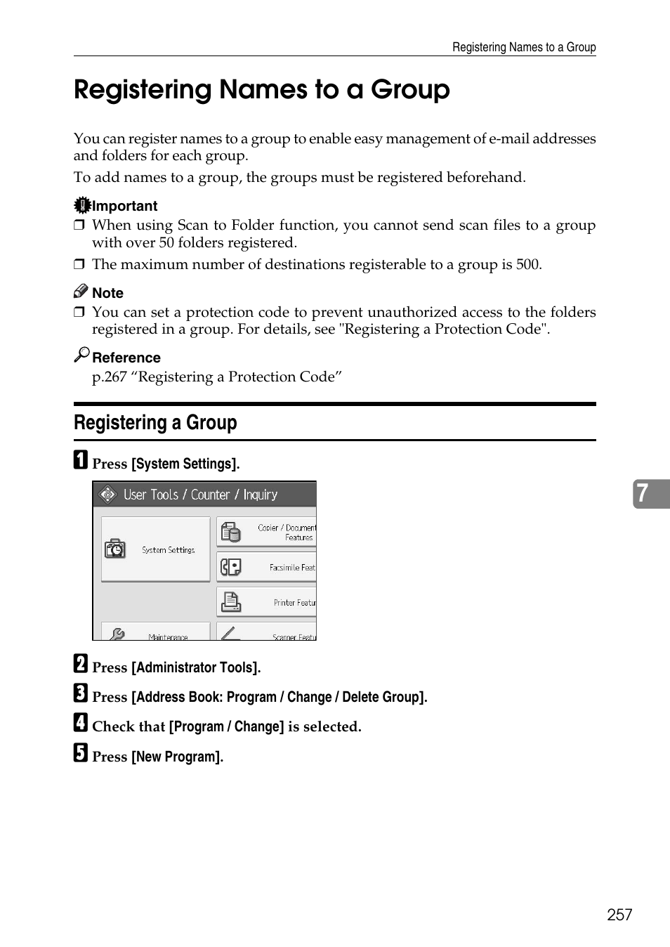 Registering names to a group, Registering a group, P.257 “registering names to a group | 7registering names to a group | Ricoh LD435c User Manual | Page 265 / 325
