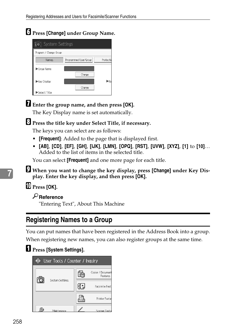 Registering names to a group, P.258 “registering names to a group | Ricoh LD435c User Manual | Page 266 / 325