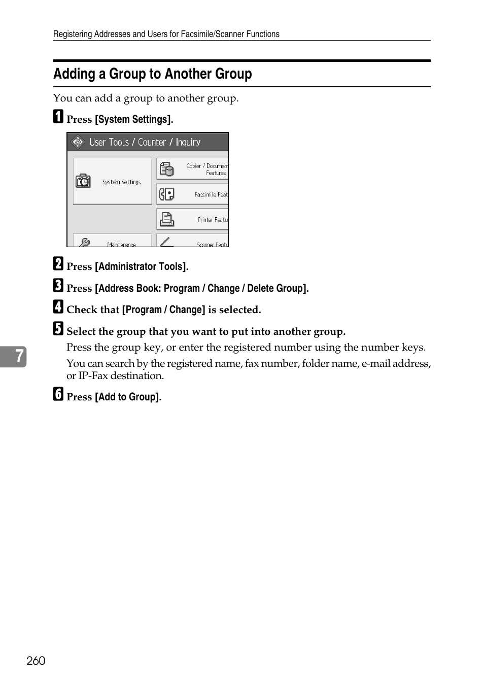 Adding a group to another group | Ricoh LD435c User Manual | Page 268 / 325