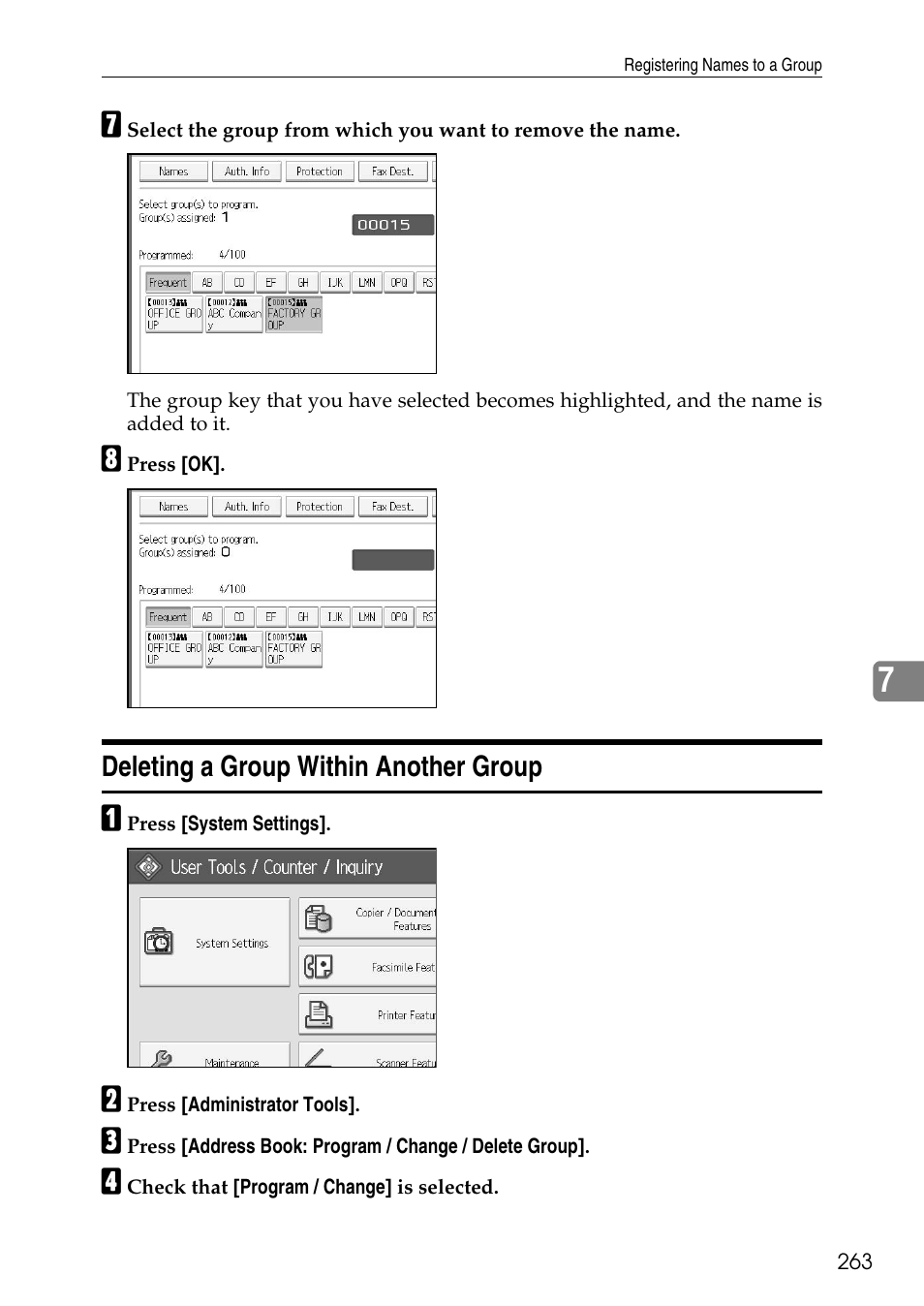 Deleting a group within another group | Ricoh LD435c User Manual | Page 271 / 325