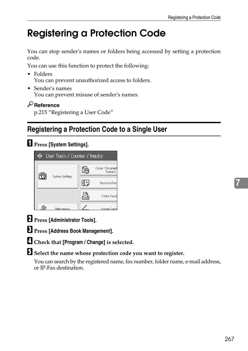 Registering a protection code, Registering a protection code to a single user, 7registering a protection code | Ricoh LD435c User Manual | Page 275 / 325