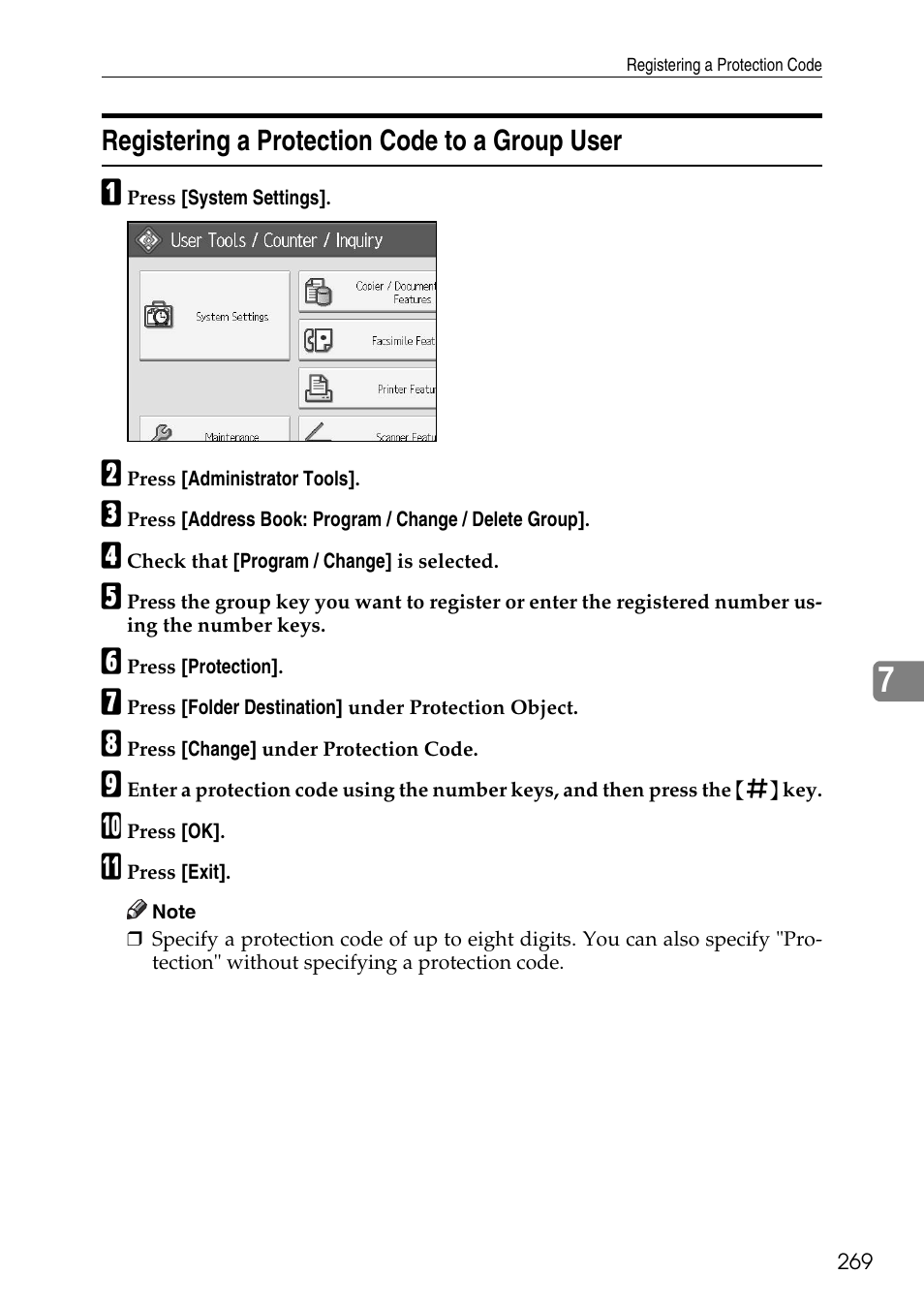 Registering a protection code to a group user | Ricoh LD435c User Manual | Page 277 / 325