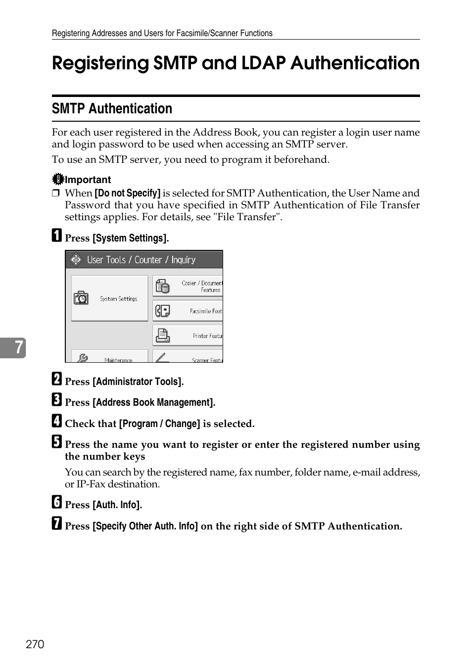 Registering smtp and ldap authentication, Smtp authentication, 7registering smtp and ldap authentication | Ricoh LD435c User Manual | Page 278 / 325