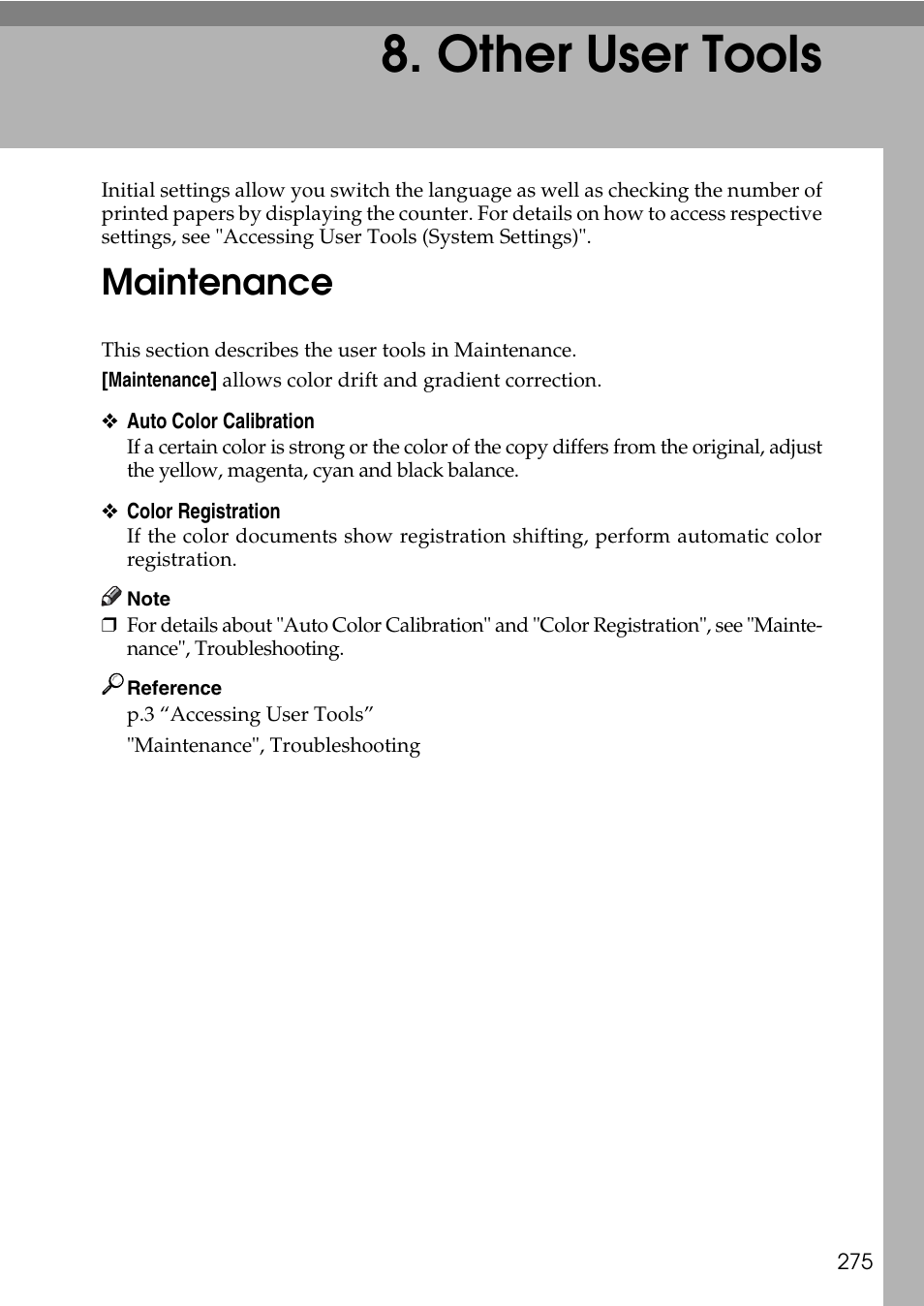  other user tools, Maintenance, Other user tools | P.275 “other user tools | Ricoh LD435c User Manual | Page 283 / 325