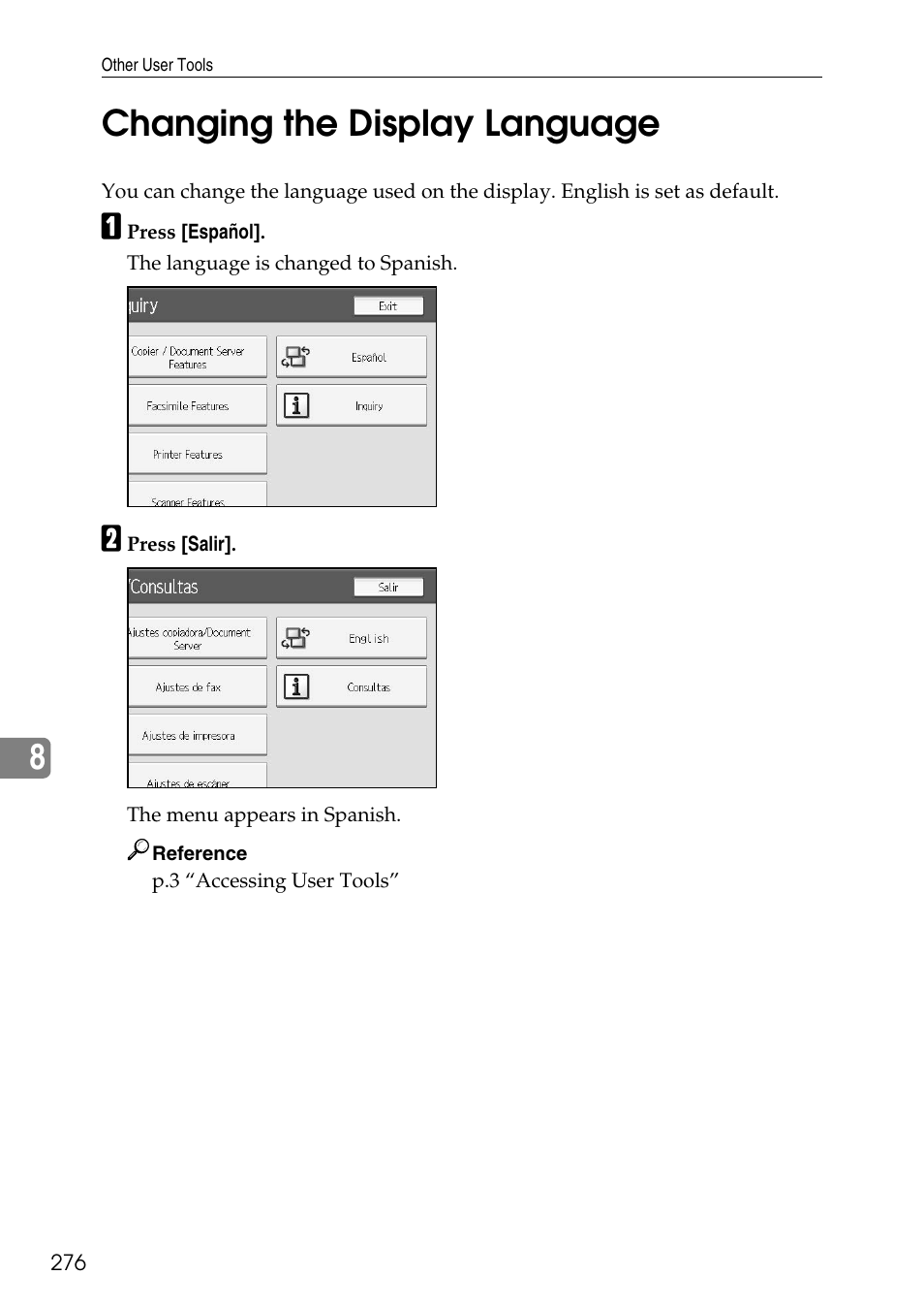 Changing the display language, 8changing the display language | Ricoh LD435c User Manual | Page 284 / 325