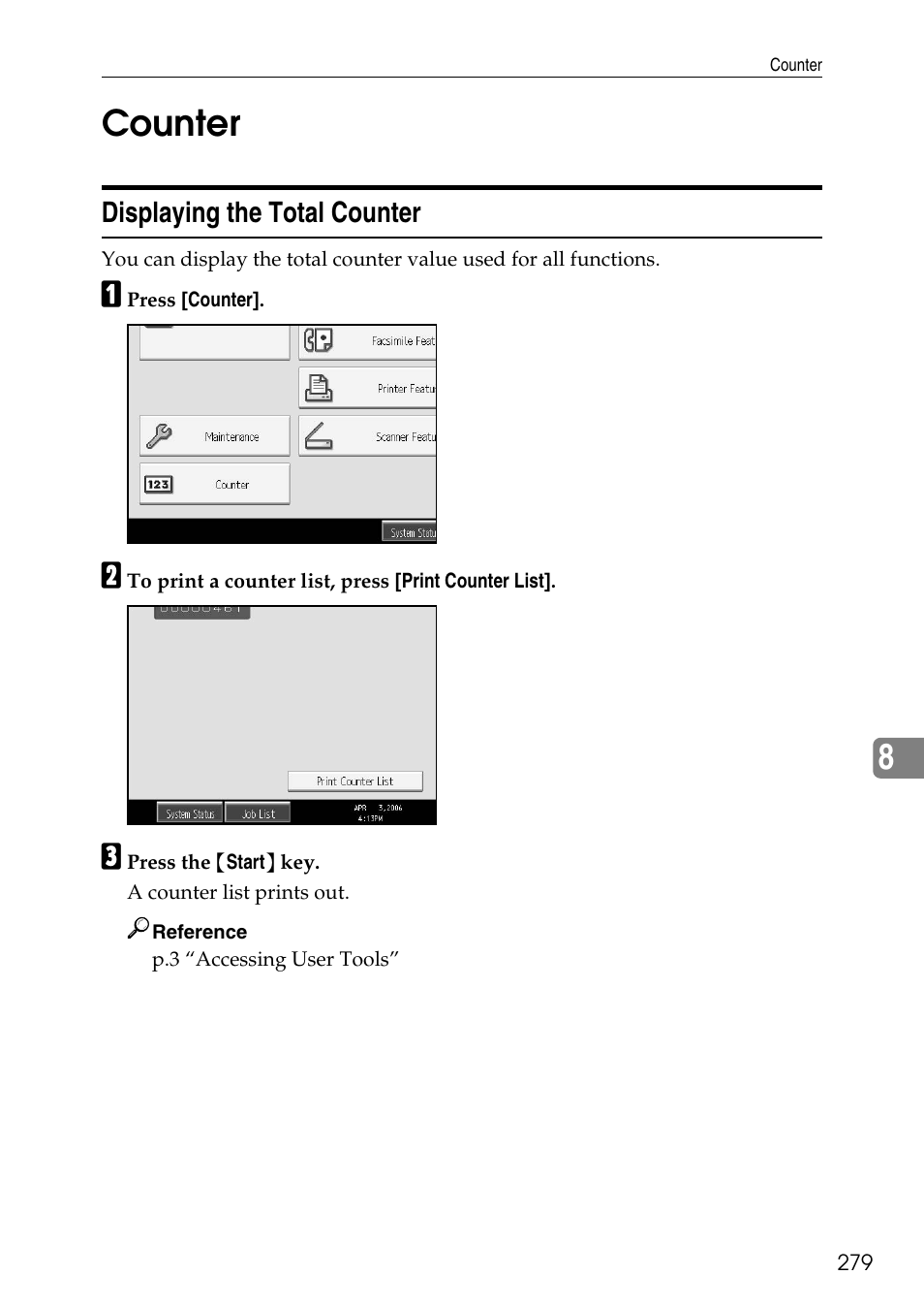 Counter, Displaying the total counter, P.279 “counter | 8counter | Ricoh LD435c User Manual | Page 287 / 325