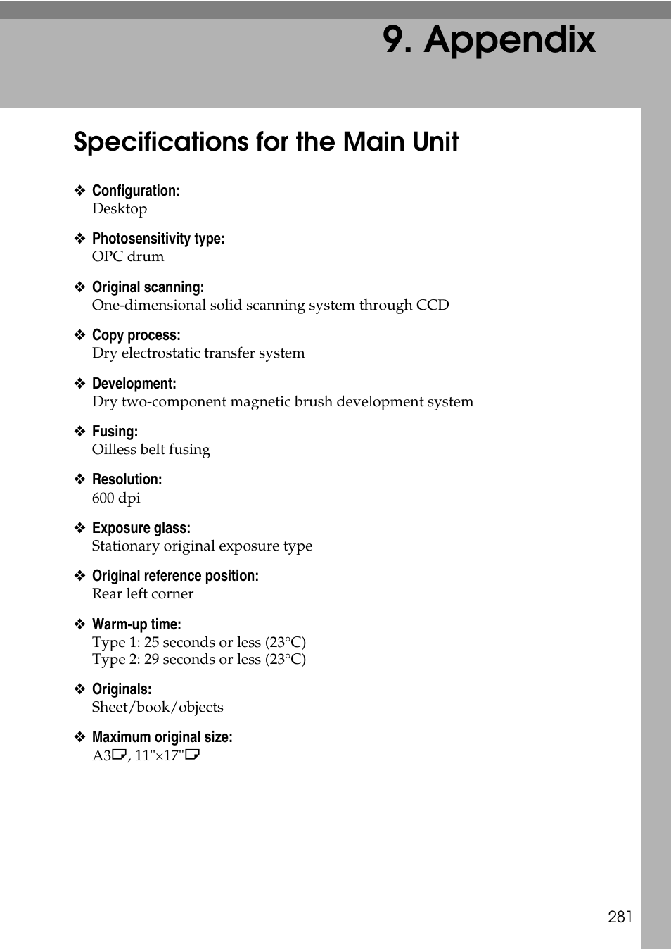  appendix, Specifications for the main unit, Appendix | Ricoh LD435c User Manual | Page 289 / 325