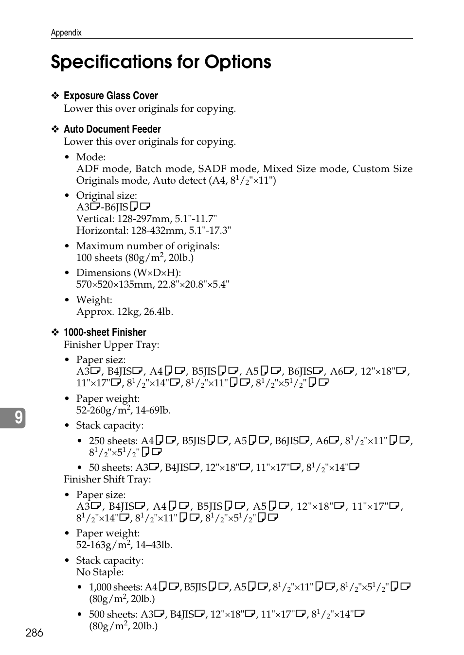 Specifications for options, 9specifications for options | Ricoh LD435c User Manual | Page 294 / 325