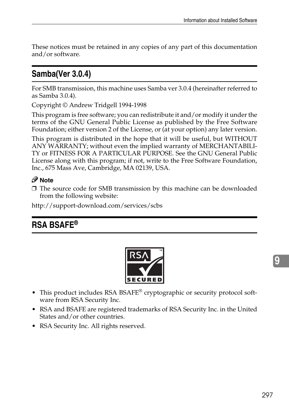 Samba(ver 3.0.4), Rsa bsafe | Ricoh LD435c User Manual | Page 305 / 325