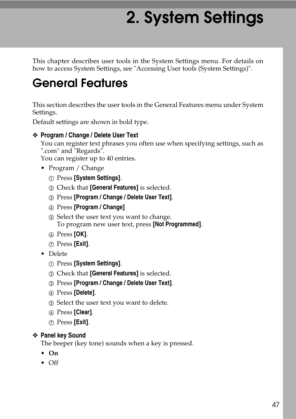  system settings, General features, System settings | P.47 “system settings | Ricoh LD435c User Manual | Page 55 / 325