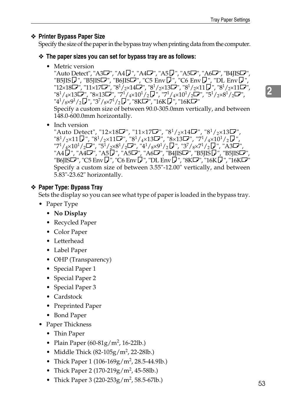 Printer bypass paper size, Paper type: bypass tray | Ricoh LD435c User Manual | Page 61 / 325