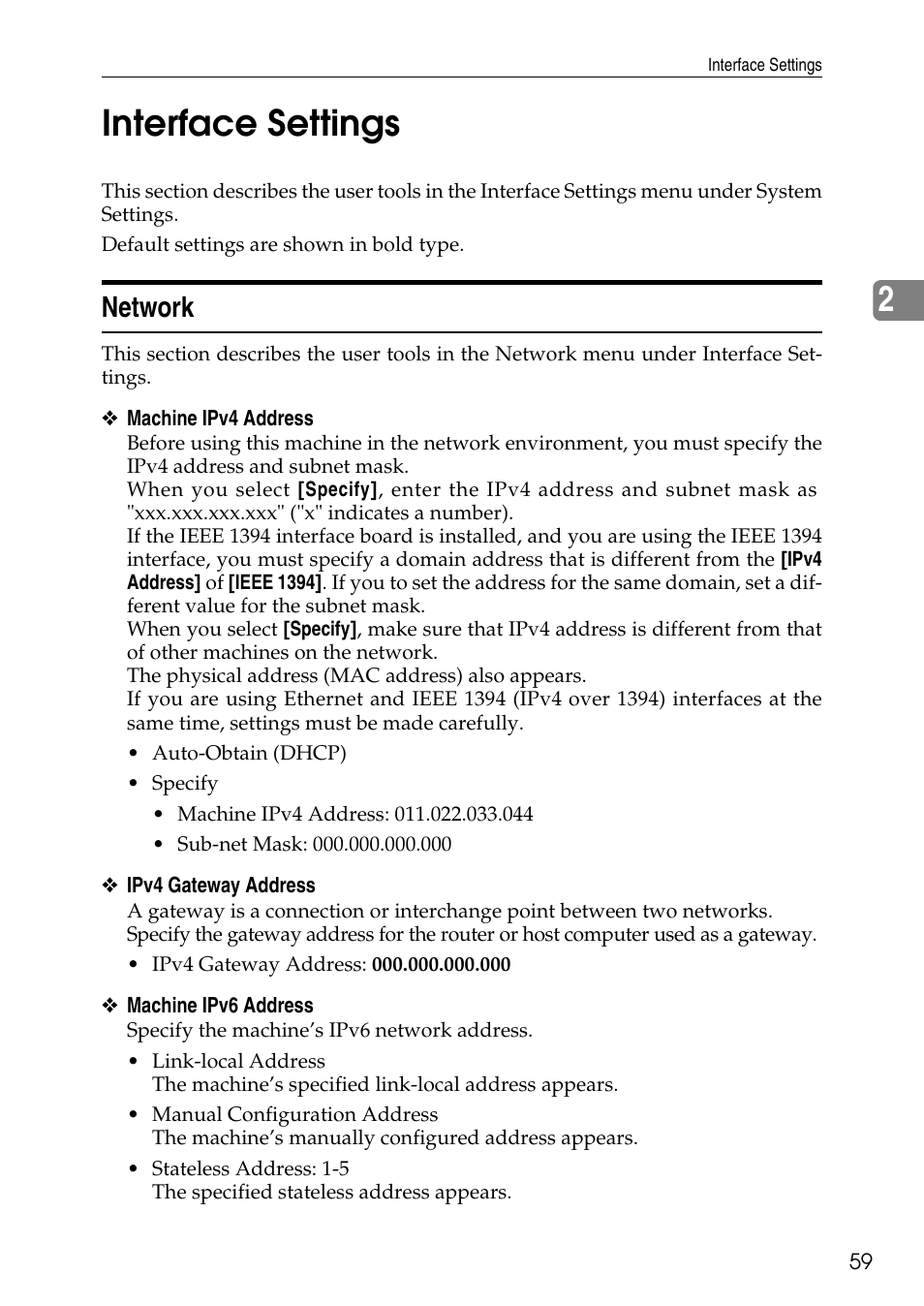 Interface settings, Network, P.59 “interface settings | 2interface settings | Ricoh LD435c User Manual | Page 67 / 325