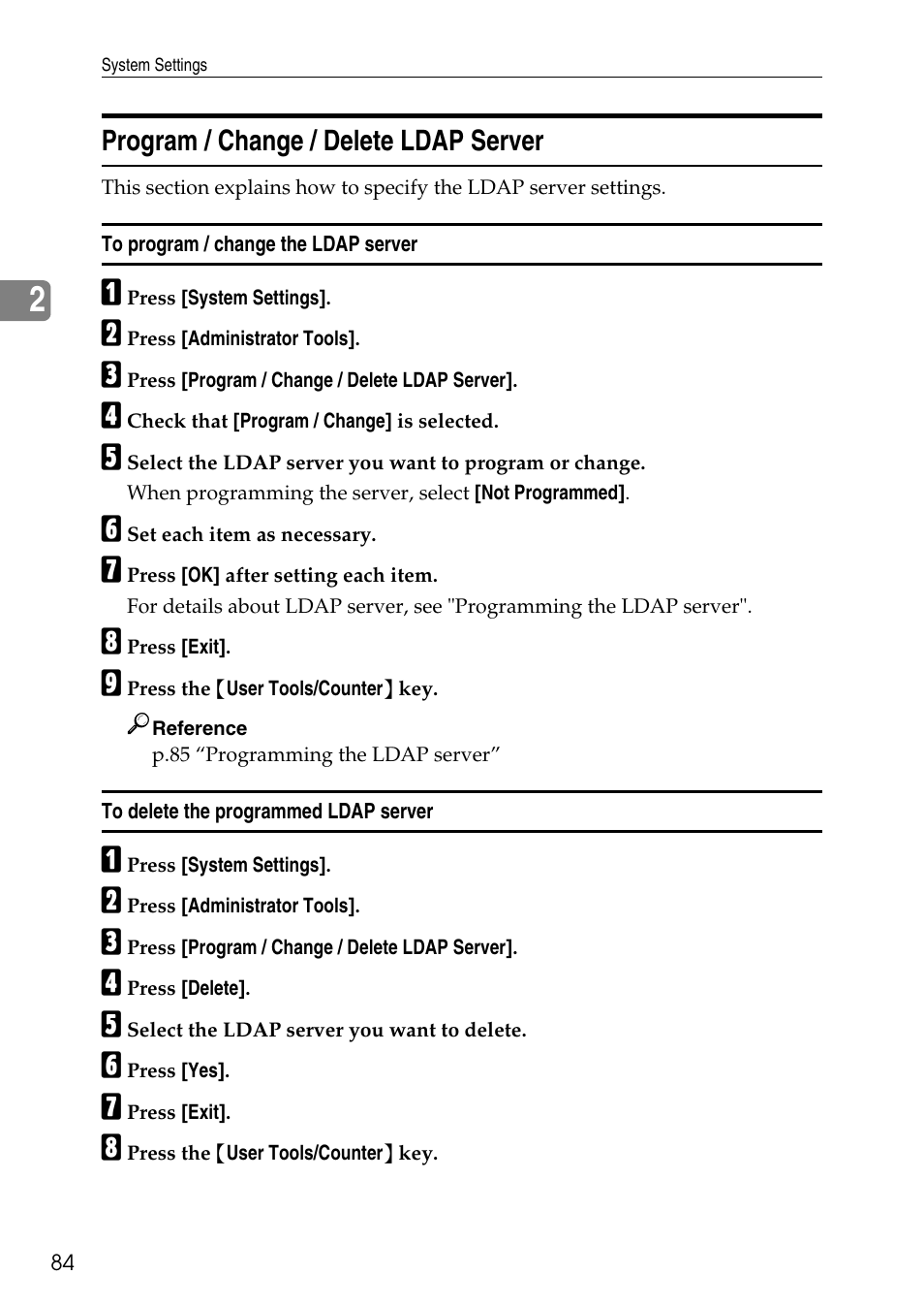 Program / change / delete ldap server, To program / change the ldap server, To delete the programmed ldap server | Ricoh LD435c User Manual | Page 92 / 325