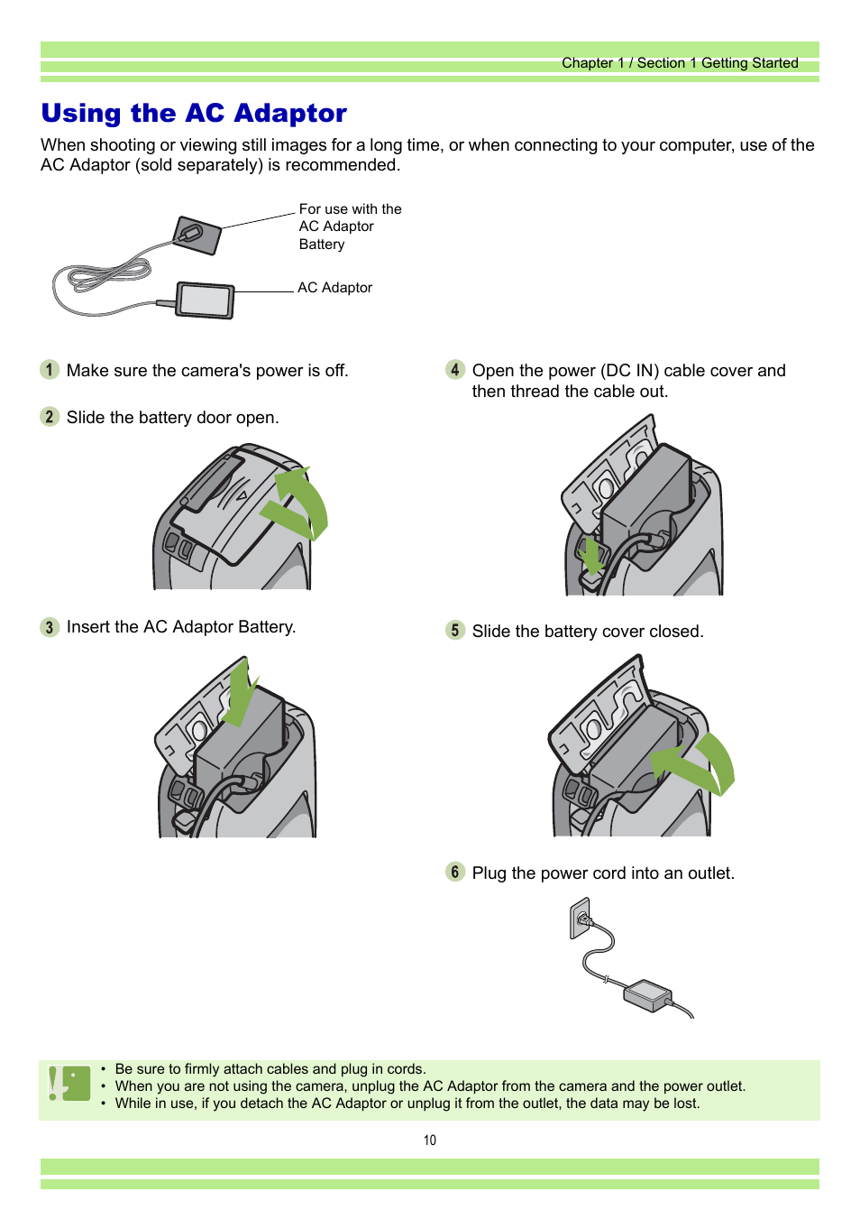 Using the ac adaptor | Ricoh Caplio RR30 User Manual | Page 10 / 156